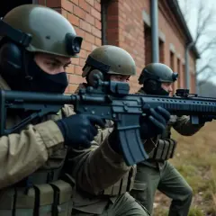 Tres jugadores de airsoft con equipamiento táctico y réplicas de fusiles se preparan para la acción junto a una pared de ladrillos.
