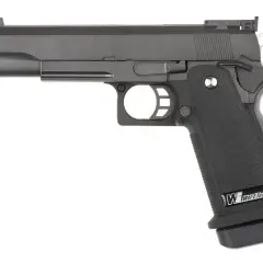 Pistola de airsoft negra, modelo Hi-Capa, con empuñadura texturizada y el logo "Wei-E-Tech". Lista para la acción en tu próxima partida de rhop airsoft.